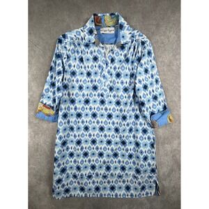 Dizzy Lizzie Womens Small Vail Tunic Blue Ikat Print 3/4 Sleeve